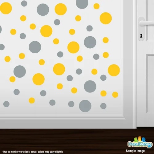 Vista 2 de Pegatinas de pared de vinilo amarillo/metálico plateado - círculos de 2 y 4 pulgadas (30 calcomanías)