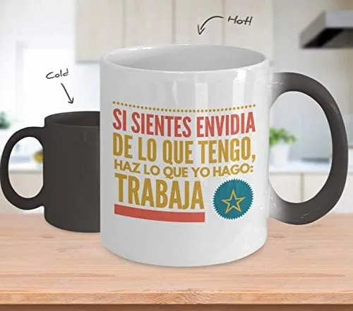 Vista 2 de Taza de Cafe Envidia Vaso, taza café divertidas, tazas personalizadas, taza de café inspiradoras, taza con mensajes positivos.