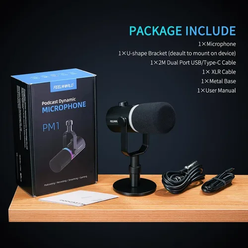 Vista 9 de FEELWORLD PM1 XLR Micrófono dinámico USB con soporte de escritorio, regalos para grabación de podcasts, PC, juegos de computadora, transmisión