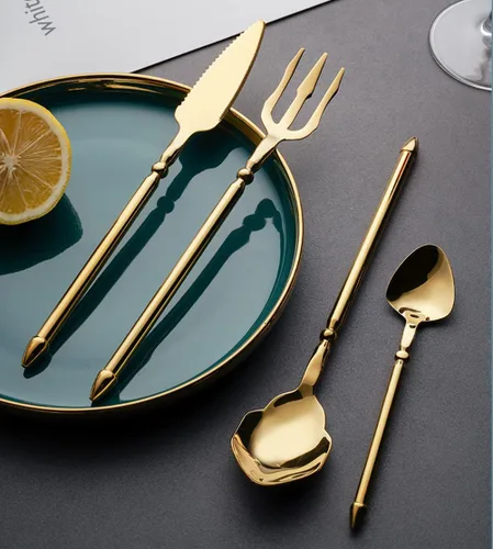 Vista 7 de Juego de cubiertos dorados para 6 cubiertos duraderos de acero inoxidable 18/10, estilos creativos, 24 piezas de cubiertos modernos para el hogar