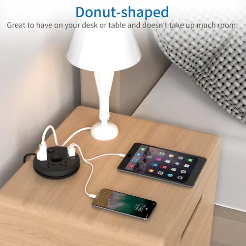 Vista 4 de NTONPOWER - Paquete de tira de alimentación de cable de extensión larga, regleta de enchufe plano de 25 pies con 3 tomas, 3 puertos USB, regleta