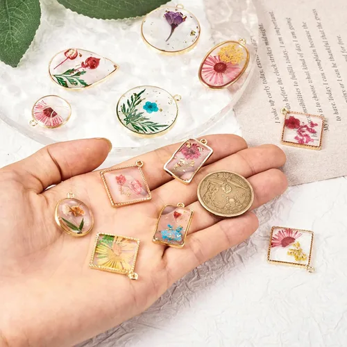 Vista 6 de Dijes de resina de flores secas, corazón redondo, lágrima, rombo, rectángulo, resina epoxi, aretes para manualidades, collares, pulseras