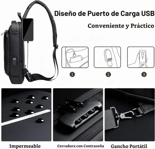 Vista 4 de FANDARE - Bolso de hombro para negocios, bolsa de pecho antirrobo con USB
