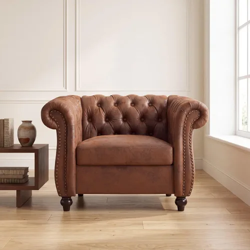 Vista 13 de Air - Silla Chesterfield de cuero, sofá individual copetudo para sala de estar, sillón decorativo con ribete de cabeza de clavo