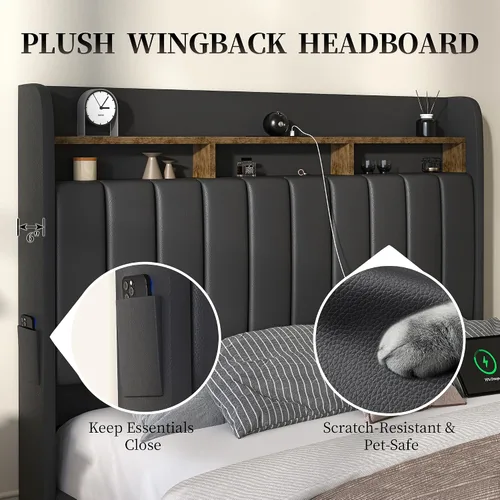 Vista 5 de SIBEDS Base de cama Queen con cabecera de almacenamiento de 2 niveles, cama de plataforma Aurora de piel sintética con proyector Galaxy Star, base