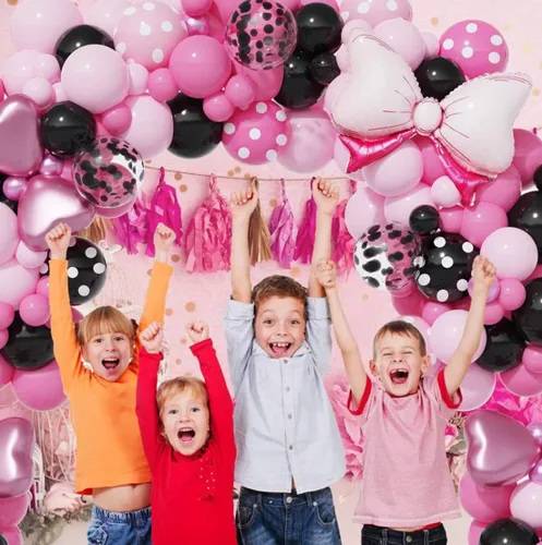 Vista 5 de Kit de arco de guirnalda de globos de ratón rosa, globos rosa y negro con globos de papel de aluminio, decoraciones de fiesta de cumpleaños