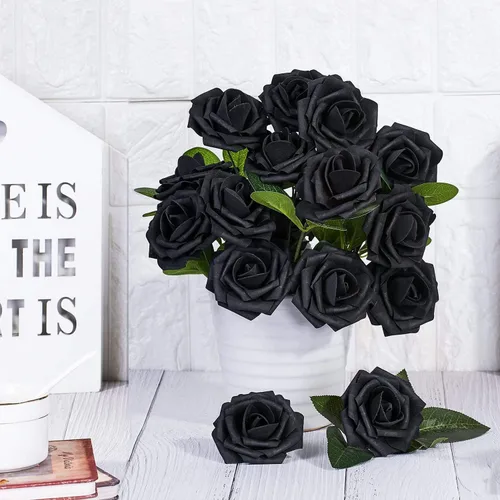 Vista 4 de Higfra Flores artificiales, 25 unidades, rosas falsas de espuma negra de aspecto real con tallos para ramos de boda, centros de mesa de despedida