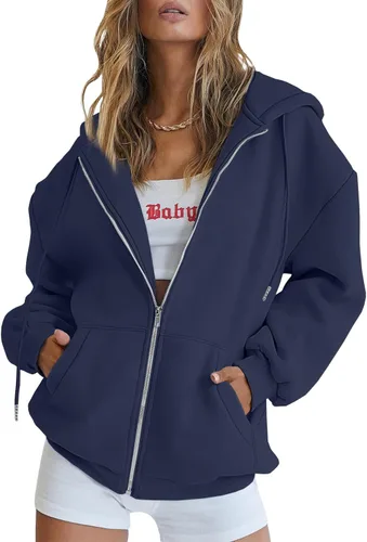 Vista 13 de EFAN Sudaderas con capucha lindas para mujer con cordón y cremallera, chaqueta de otoño de gran tamaño, sudaderas casuales con bolsillo Negro