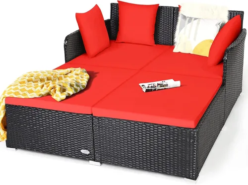 Vista 11 de HAPPYGRILL Sofá cama de ratán para exteriores, juego de sofá cama para patio con cojín y almohadas, pie de aluminio resistente, muebles de mimbre