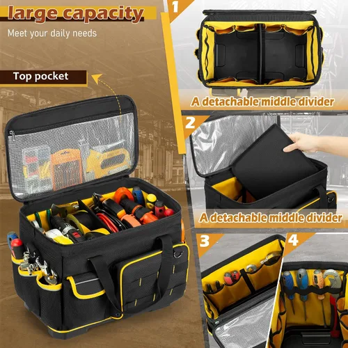 Vista 3 de Marscamd Bolsa de herramientas de 16 pulgadas con parte inferior dura y un divisor desmontable, bolsa de herramientas resistente con múltiples