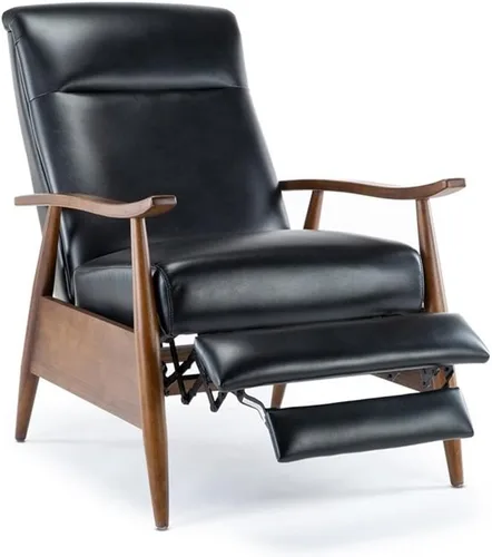 Vista 3 de Solaris Silla reclinable de piel sintética negra con brazo de madera