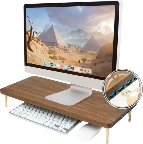 Vista 7 de Soporte elevador para monitor de madera maciza, soporte de monitor multiusos para computadora portátil, iMac PC (nogal)