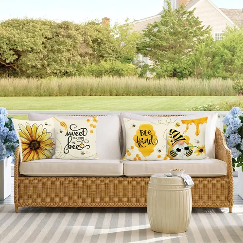 Vista 4 de Bonhause Juego de 4 fundas de almohada de 18 x 18 pulgadas con diseño de abeja de verano, diseño de gnomo de girasol, color amarillo miel, fundas