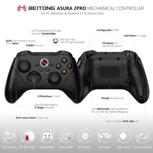 Vista 2 de BEITONG Asura 2 Pro Wireless Gaming Controller PC Game Controllers Dual Vibrate Gamepad Joystick For Windows 7 8 10 11,Android TV,Steam