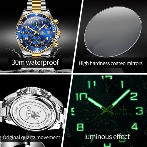 Vista 5 de OLEVS Reloj cronógrafo para hombre, vestido de lujo, acero inoxidable, impermeable, para hombre, fase lunar, calendario luminoso, de negocios