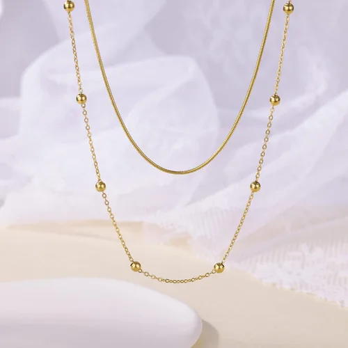 Vista 4 de VAttract Gargantilla en capas para mujer, con dije de moneda, círculo, perla, corazón, chapado en oro de 18 quilates, cadena de serpiente, collar