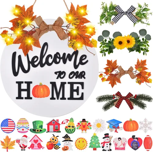 Vista 7 de Señal intercambiable de bienvenida a casa, decoración de puerta delantera con 4 coronas de temporada y 21 iconos intercambiables, colgador de madera