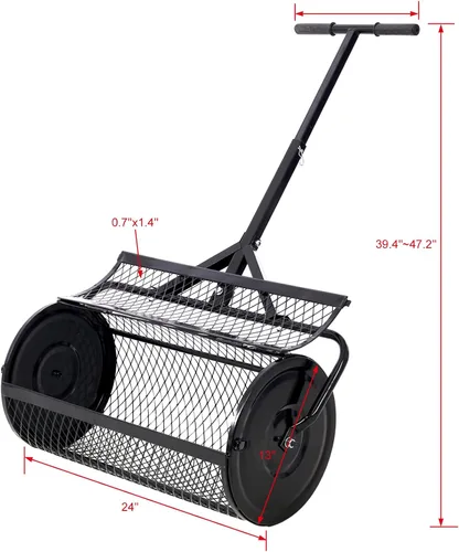 Vista 3 de Esparcidor de compost, rodillo esparcidor de estiércol de turba de 24 pulgadas con mango ajustable en forma de T, esparcidor de malla metálica