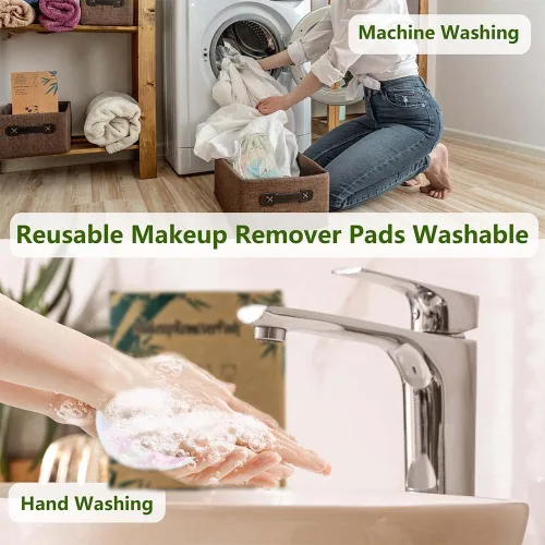 Vista 6 de Paquete de 28 almohadillas reutilizables para eliminar el maquillaje con bolsa de lavandería, lavables, suaves y cómodas, lavables de algodón