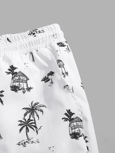 Vista 5 de GORGLITTER Conjunto de 2 piezas de camiseta gráfica de manga corta para hombre, estampado hawaiano con cordón y pantalones cortos