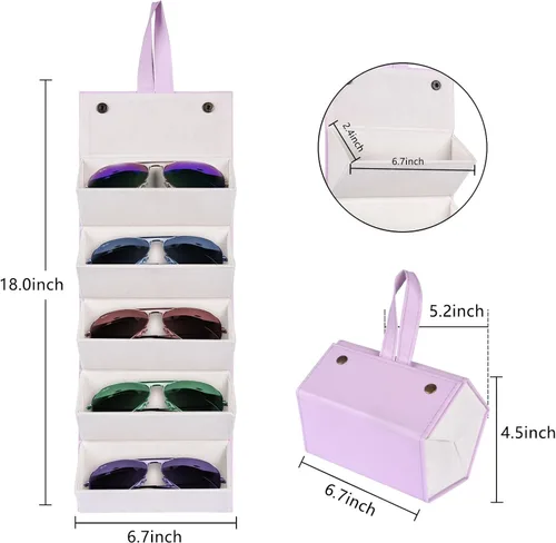 Vista 5 de MEGREZ Caja organizadora de lentes de sol de 5 ranuras, de piel sintética, plegable, para mujer, estuche para gafas de sol, organizador para viajes