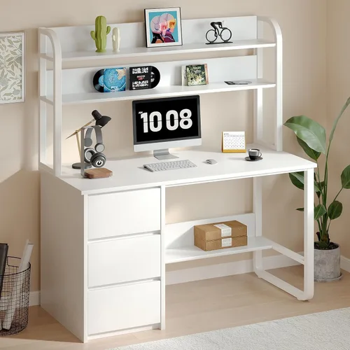 Vista 3 de MaverickFurni Escritorio para computadora de 60 pulgadas con estantes y hutch, escritorio de oficina en casa con 3 cajones de almacenamiento