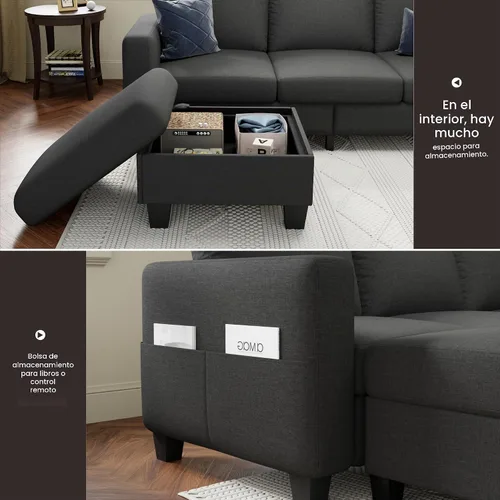 Vista 5 de Sofá seccional y sofás para sala de estar, sofá de lino gris oscuro en forma de L de 78 pulgadas, sofás convertibles modulares de 3 plazas aptos