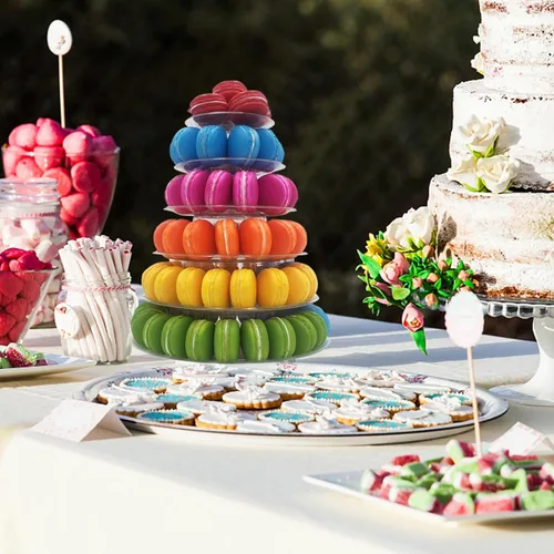 Vista 2 de Torre de macaron de 6 niveles, estante redondo de plástico para macarrones, soporte de postre transparente para tartas, soporte de donas para baby