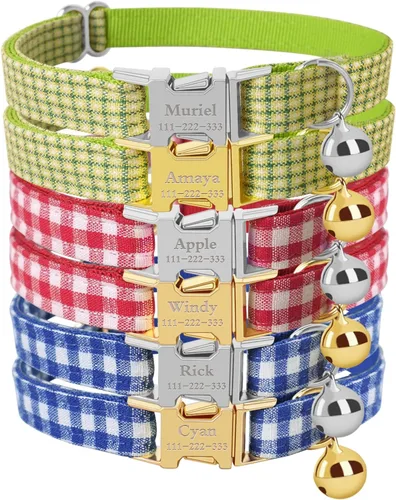 Vista 11 de Collar de gato personalizado con placa de nombre, collares ajustables de nailon resistente para identificación de gato con campana, personaliza