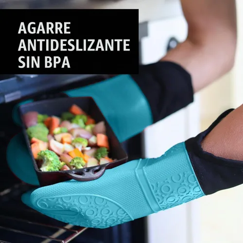 Vista 4 de HOMWE - Manopla de horno profesional y extralarga de silicona, guantes con forro acolchado, agarraderas resistentes al calor, guantes flexibles