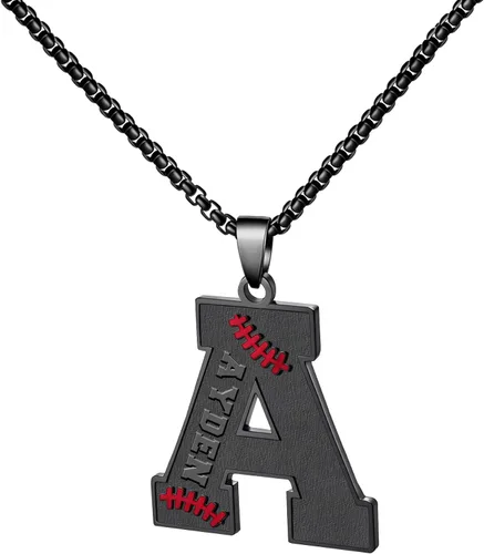 Vista 85 de Ldurian Collar personalizado con nombre de béisbol, cadena negra de acero inoxidable, collar con nombre deportivo, letra A-Z de 24 pulgadas, regalos