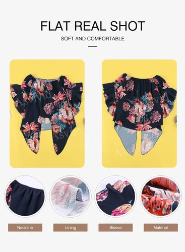 Vista 5 de Asvivid - Blusas veraniegas de hombros descubiertos, con mangas de 34 acampanadas, lazo decorativo y estampado floral, para mujer, camiseta