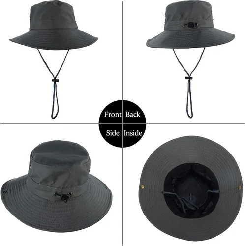 Vista 6 de Sombreros de sol para hombres y mujeres, sombrero de pesca UPF 50 de ala ancha, sombreros Boonie para safari, playa, verano, protección UV, sombrero