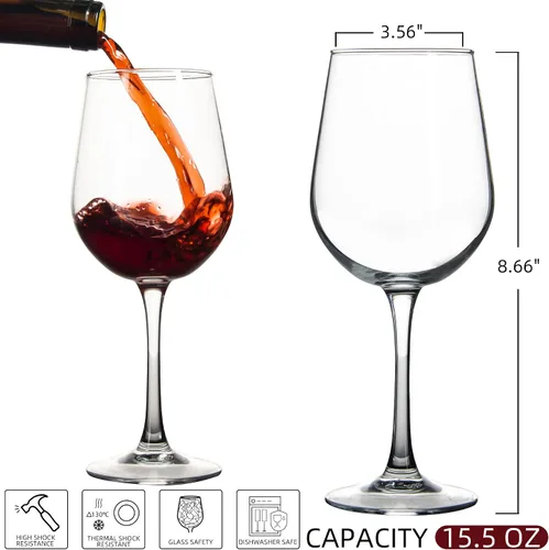 Vista 2 de Juego de 8 copas de vino totalmente templadas, 15.5 onzas, duraderas, aptas para bodas, fiestas, lavavajillas