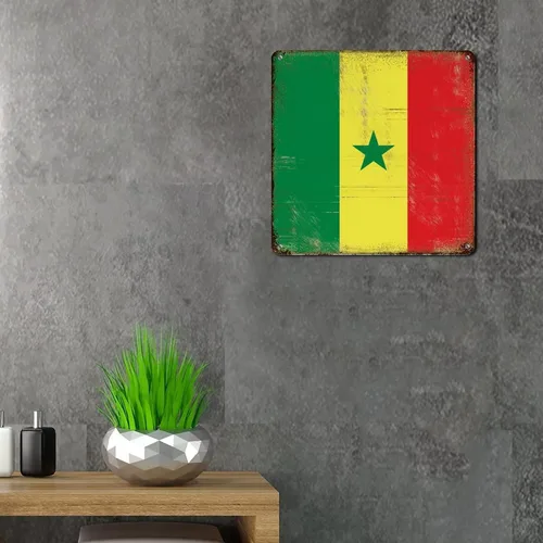 Vista 5 de Letrero de metal con bandera internacional del país, bandera de Senegal, regalo de bandera de Senegal, letreros de aluminio desgastados, decoración