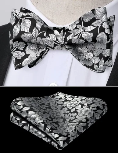 Vista 131 de HISDERN Pajaritas para hombre, corbatín de cachemira para hombre, corbata de lazo y bolsillo cuadrado, juego formal de esmoquin para boda