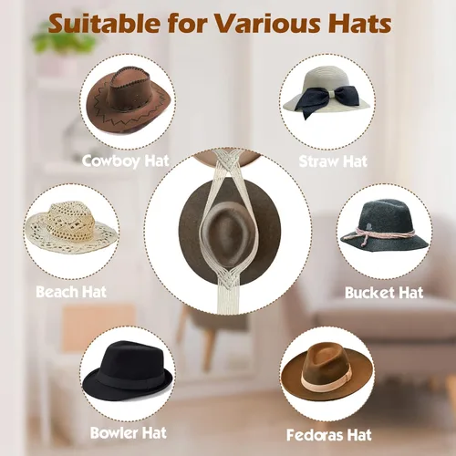 Vista 4 de Organizador de sombreros de macramé para pared, colgadores bohemios para colgar en la pared, tejido a mano, organizador decorativo para sombreros