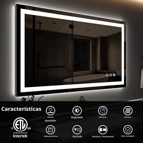 Vista 2 de ROOMTEC Espejo de baño LED de 36 x 24 pulgadas con parte delantera y retroiluminada, antiniebla, 3 colores y luz regulable (horizontal/vertical)
