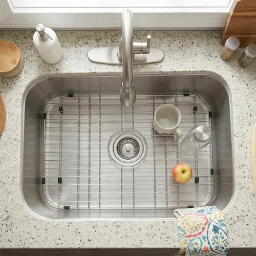 Vista 8 de Rejilla de fregadero de cocina Zeesink, protectores de fregadero de 18 1/2" X 13 3/8", rejilla de fregadero de acero inoxidable con drenaje central