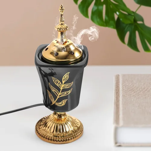 Vista 7 de VOSAREA Quemador de incienso eléctrico de estilo árabe, quemador de incienso eléctrico de mesa, incensario decorativo de mesa para incienso de Negro