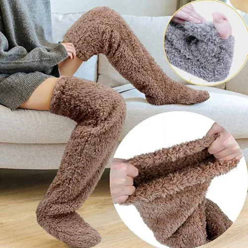 Vista 4 de Hdnaihpp Calcetines de piernas de peluche, calcetines largos mullidos por encima de la rodilla, pantuflas de felpa, calentadores de piernas
