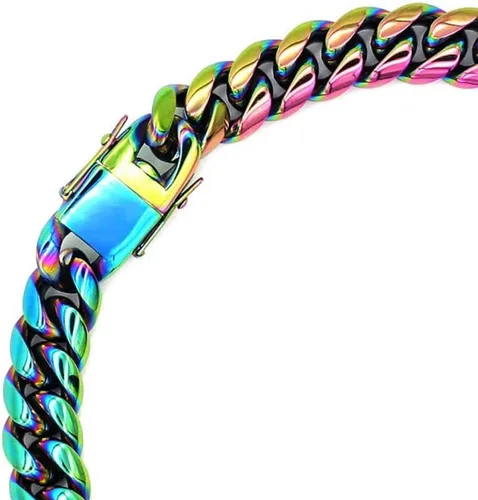 Vista 6 de Rowin&Co Mens Chunky Miami Cuban Link Chain - Rainbow Multicolor Stainless Steel Curb Necklace, Nickel-free, Colorful Chains, Hip Hop Jewelry Choker