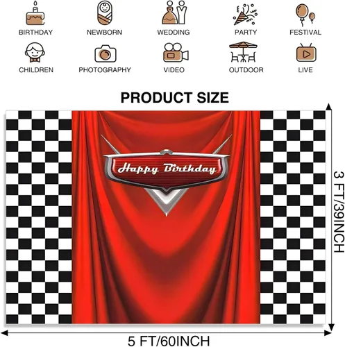 Vista 2 de Fondo de cumpleaños de coche con bandera de carreras, 5 x 3 pies, fondo de fotos de carreras a cuadros duradero para decoraciones de cumpleaños