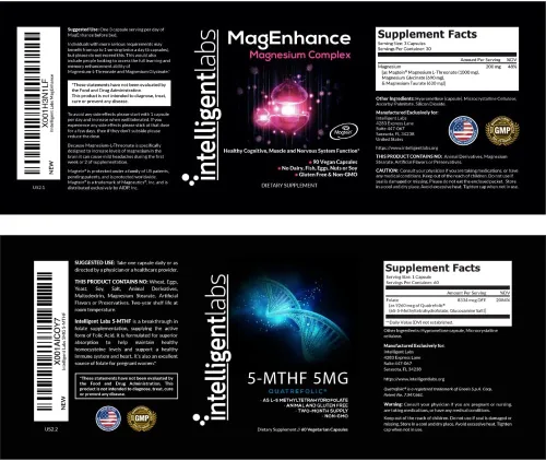Vista 4 de Intelligent Labs Paquete 2 en 1 de suplemento MagEnhance (con L-treonato de magnesio, glicinato y taurato) y 5 MG 5-MTHF metilfolato como ácido