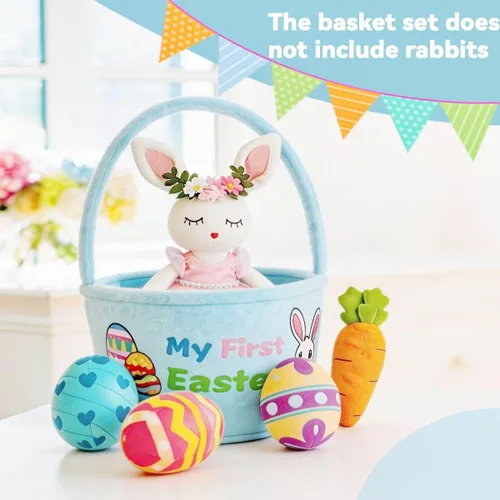 Vista 2 de Cesta de peluche de conejo de Pascua, paquete de 5 juguetes de peluche de zanahoria de huevo de Pascua, cestas de regalo para bebés, juguete de caza