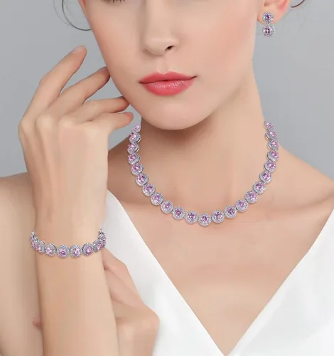 Vista 2 de EVER FAITH Precioso collar de circonita cúbica de corte redondo con piedra natal para novia, aretes y pulseras de tenis, juego de joyas de boda