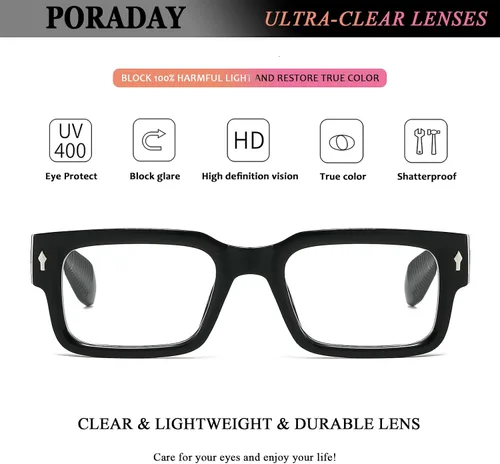 Vista 4 de PORADAY Gafas rectangulares para mujeres y hombres, lentes de luz azul, anteojos cuadrados negros