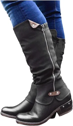 Vista 2 de Eduavar - Botas para mujer, con cremallera hasta la rodilla, botas de tacón plano, botas de invierno de pantorrilla ancha, botas de senderismo