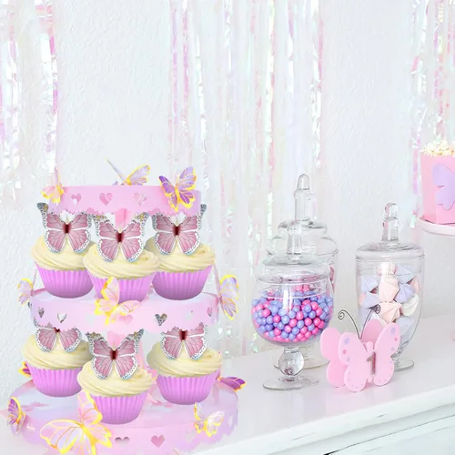Vista 6 de Soporte para cupcakes de mariposa rosa de 3 niveles, torre de postre de princesa Elegante diseño de mariposa rosa, torre de postre de 3 niveles