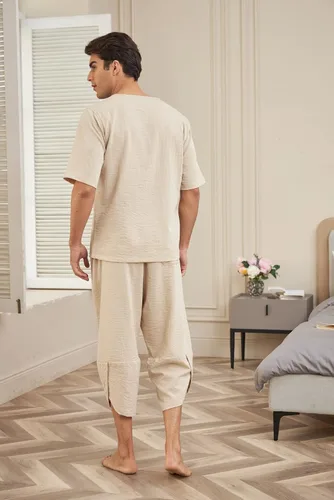 Vista 7 de COOFANDY Conjunto de 2 piezas de lino para hombre, camisa Henley de manga corta y pantalones capri harén, pierna ancha, holgados, pantalones de yoga